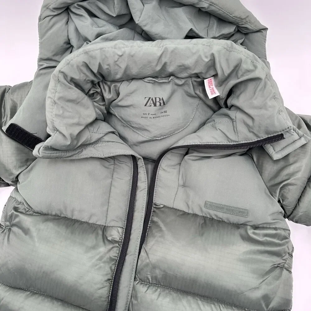Zara Kids Toddler Green Puffer Coat Size 2 Years Hooded Winter Girls Zip Front